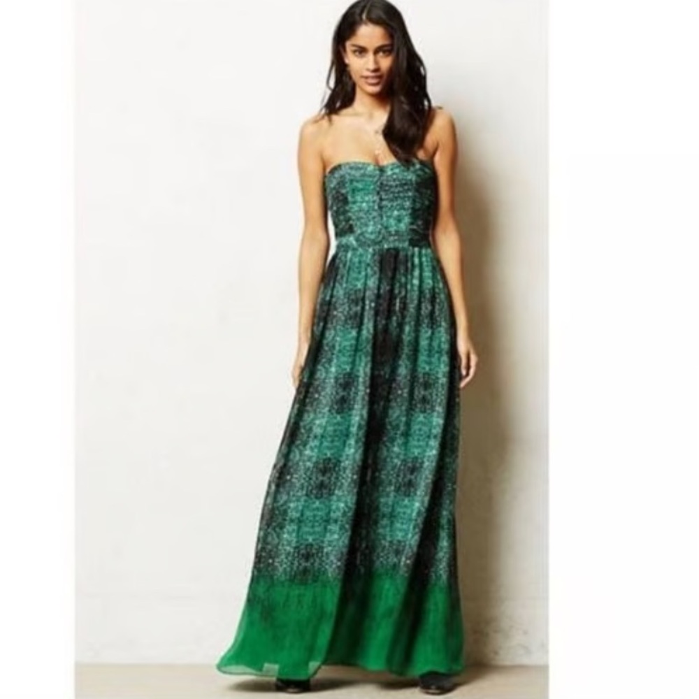 ANTHROPOLOGIE MOULINETTE SOEURS green black snakeskin strapless maxi dress prom